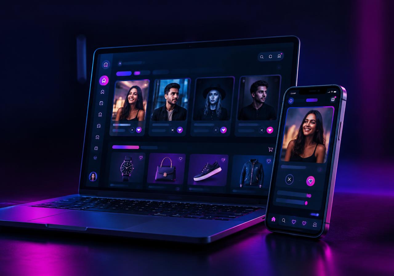 FlirtMatchZone shown on a laptop and phone with match cards and a shop section