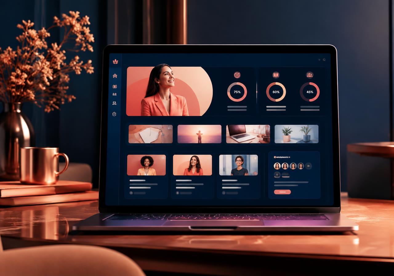 SheScale dashboard with goal progress rings, lessons and community cards on a laptop