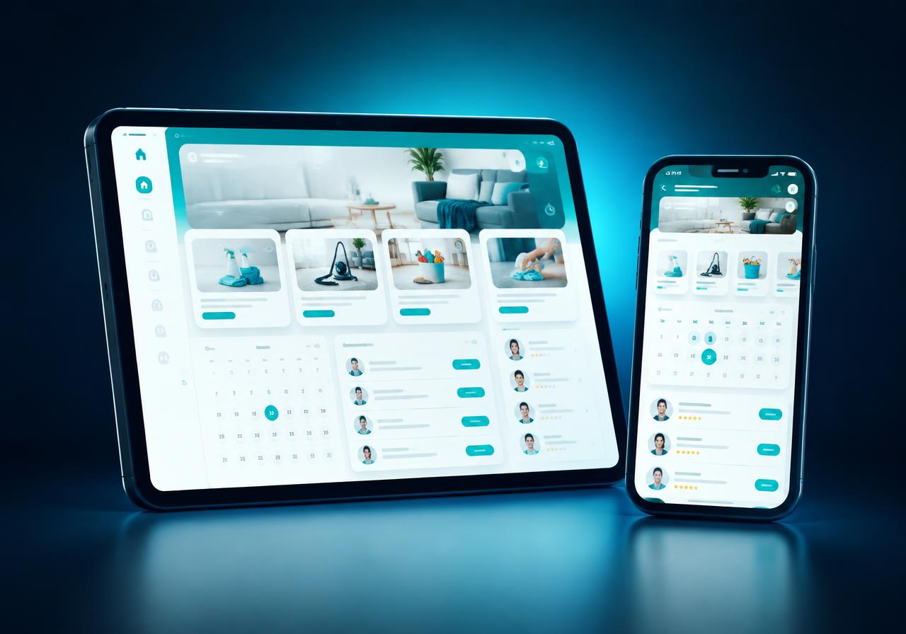 Veluxe cleaning booking app with calendar and cleaner profiles on tablet and phone
